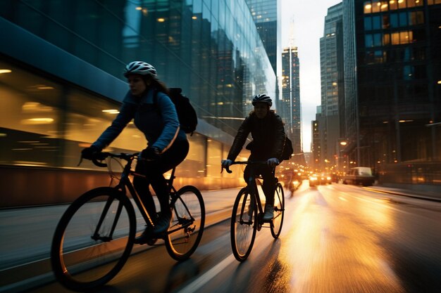 City cyclists speed past skyscrapers enjoying exercise