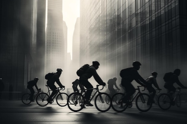 City cyclists speed past skyscrapers enjoying exercise