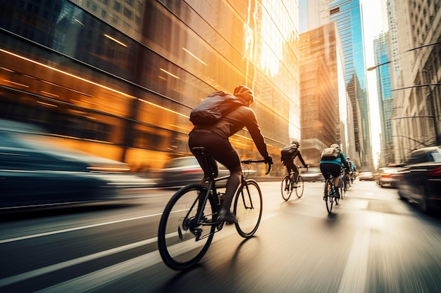 City cyclists speed past skyscrapers enjoying exercise