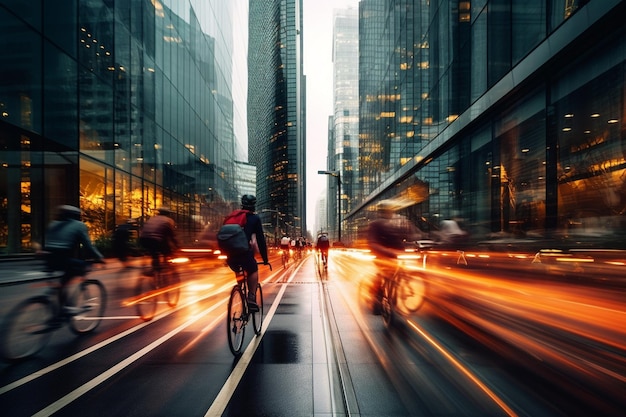 写真 都市 の 自転車 運転手 たち は 運動 を 楽しん で 摩天楼 を 速く 通過 し て い ます