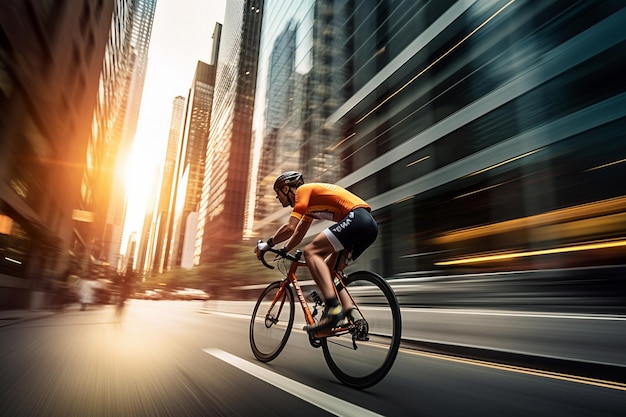 City cyclists speed past skyscrapers enjoying exercise