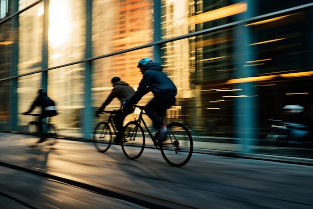 City cyclists speed past skyscrapers enjoying exercise