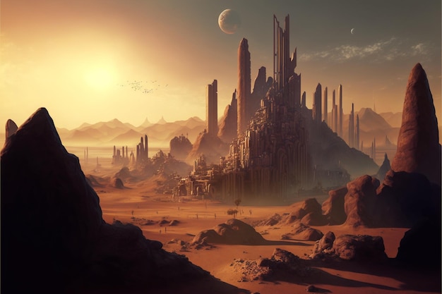 A city in the desert with a planet in the background