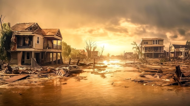 Photo city destroyed by storm and rain at sunset flood and natural disaster