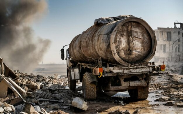 City destroyed by war with truck in evidence