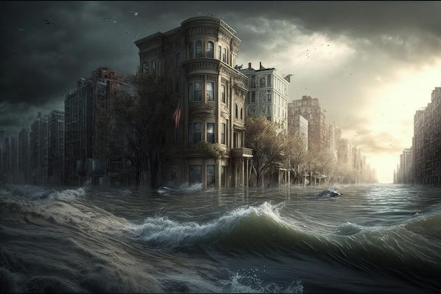 Premium AI Image | City destroyed and flooded by sea water concept of ...