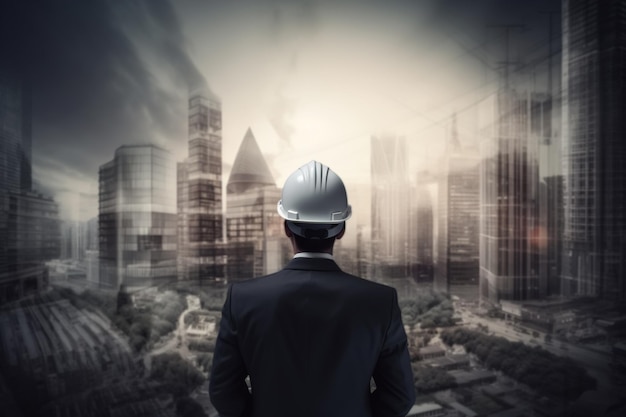 City development planning construction and architecture business concept Dreaming ambitious business developer in helmet and suit on background of city Generative AI