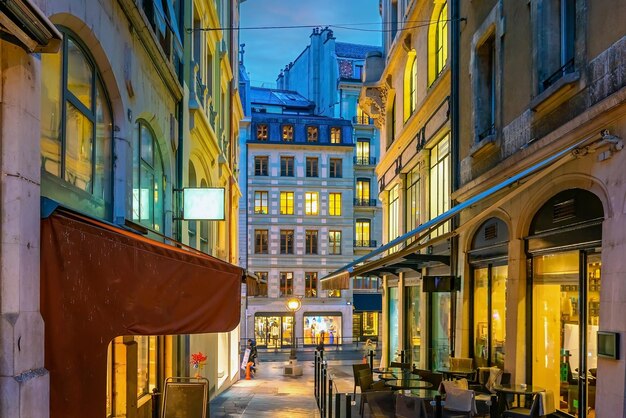 City downtown skyline of Geneva, cityscape of  Switzerland at sunset