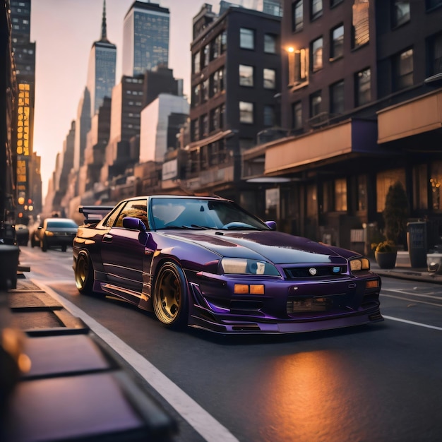 City driving of a purple car in new york city