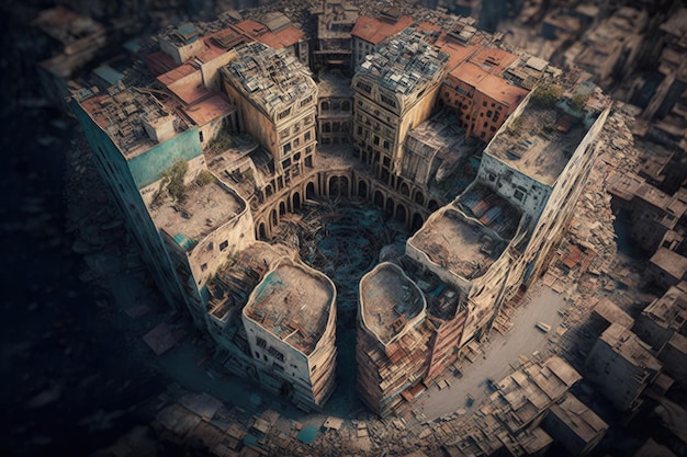 Вид на городской дрон с рухнувшими и разрушенными зданиями постапокалиптического города AI