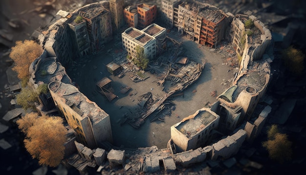 City drone view with collapsed and destroyed buildings post apocalyptic city AI