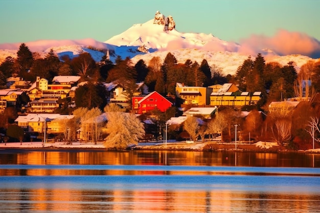 City on the edge of a beautiful lake with snowy mountains in the background on a beautiful sunny day