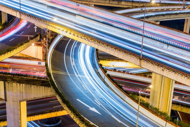 Photo city elevated road, overpass night view, shanghai