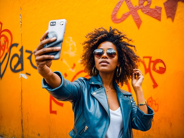 City Explorer Selfie A woman in a trendy urban outfit takes a selfie against a graffiti background
