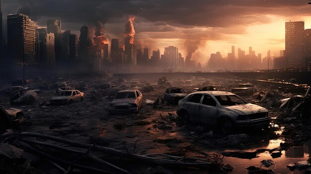 a city filled with buildings and car wrecks in the middle in the style of atmospheric portraits