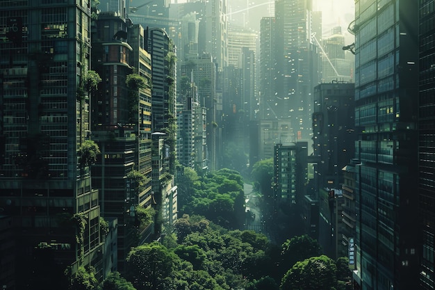 A city filled with tall buildings surrounded by trees