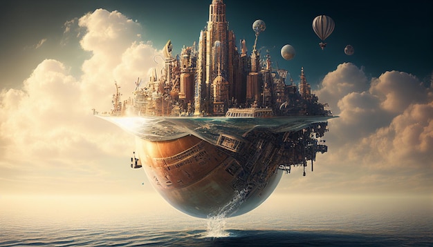 A city floating on water with a sky background