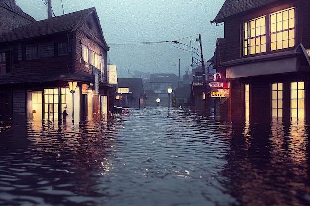 建物の洪水時の都市 水は家屋のある街の通りを流れます 3Dイラスト