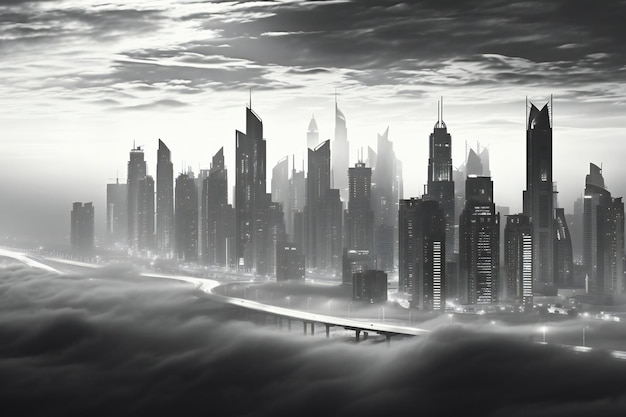 City in the fog Cityscape with modern buildings