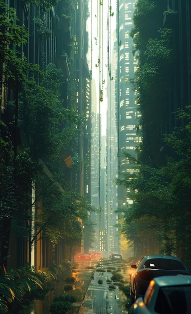 A city in the future covered in greenery forest and trees filled the megopolis abandoned empty streets overgrown alternative