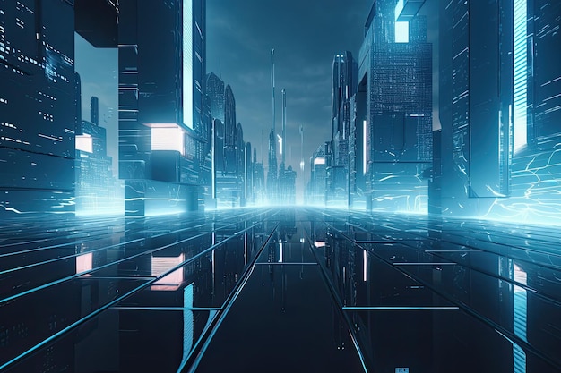 Город будущего Современный футуристический светящийся город с высокими небоскребами и современными технологиями Генеративная ИИ иллюстрация