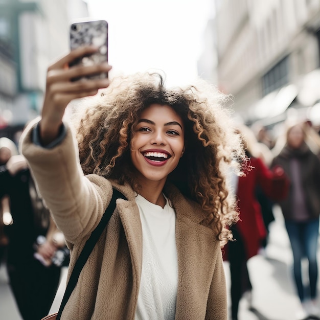 Photo city girl happily taking a public selfie