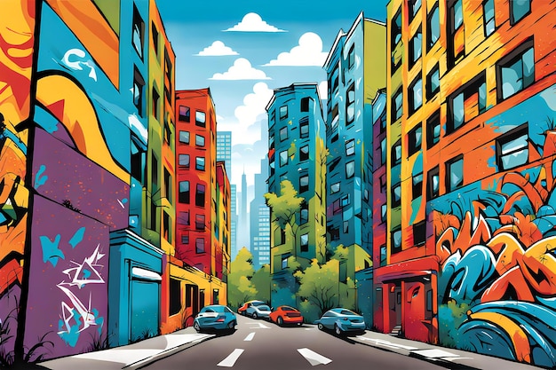 Фото Иллюстрация городского граффити — это улица, наполненная множеством изображений рядом с высокими зданиями.
