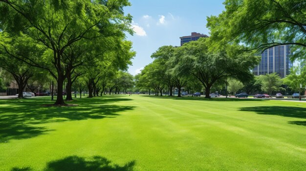 写真 晴れた公園の石の舗装に沿って都市の緑色の新しい草のカーペット