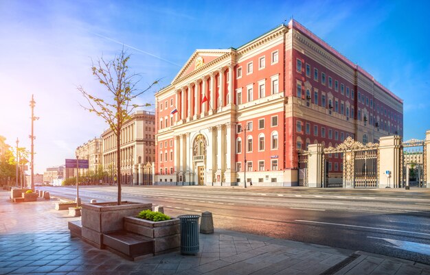 City Hall building on Tverskaya Street in Moscow in the early morning sunny hour