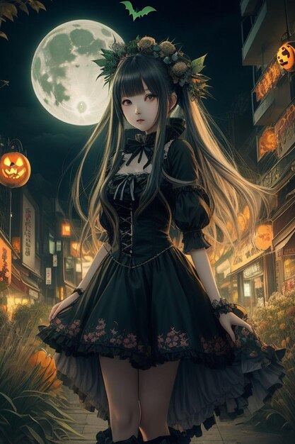 City of Halloween Spells Anime Girl in Enchanted Dress Amid Urban Lights