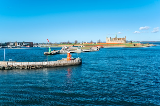 The city of Helsingor in Denmark from across the harbour.