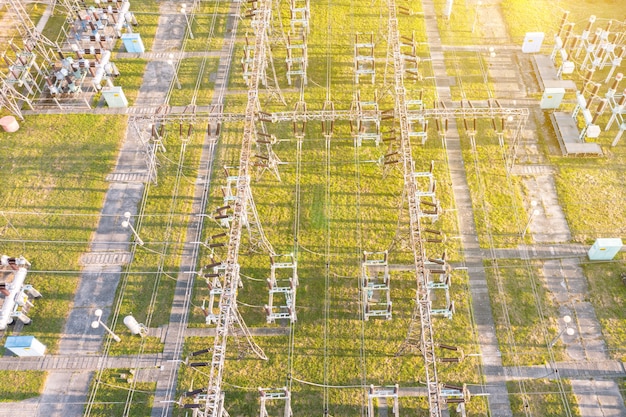 City high voltage substation, Many electrical cables and transformers with a view from above