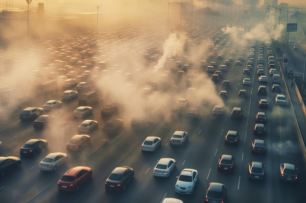 City highway surrounded by smog Exhaust gases from dense car traffic The issue of energy consumption and air pollution in the urban environment Aerial view