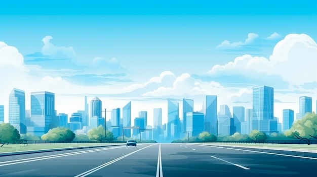 City highway with green grass and skyscrapers