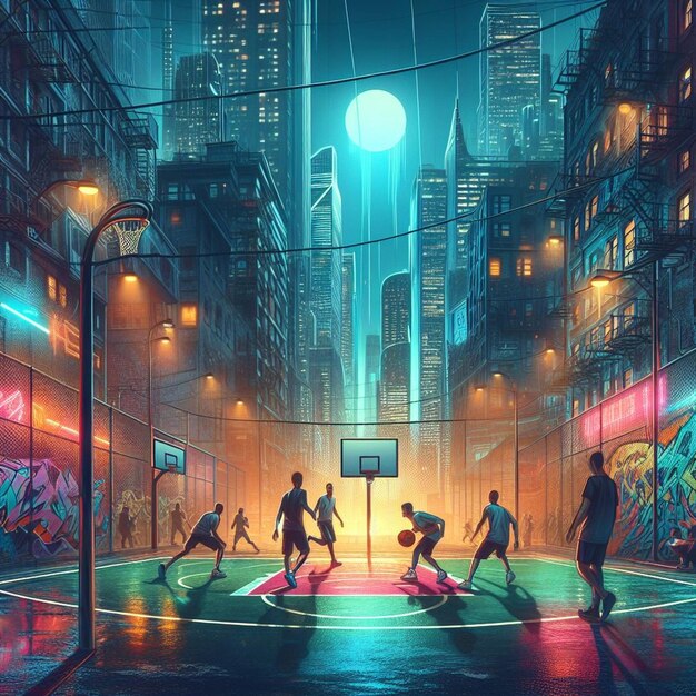 city hoops frenzy street basketball skyscraper surroundings neon lights graffiti digital art