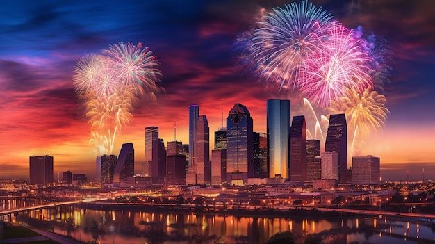 City of Houston skyline July 4th 2018 with dramatic firework Generative AI