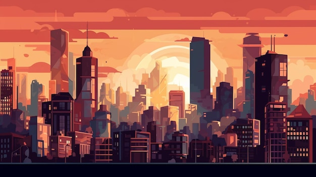 City Illustration Futuristic Modern Cybercity outrun Sun