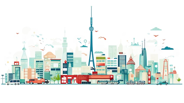 City illustration Towers and buildings in modern flat style on white background Japanese signs Shop and Electronics