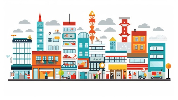City illustration Towers and buildings in modern flat style on white background
