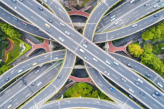 City interchange closeup aerial view of shanghai yanan east road overpass