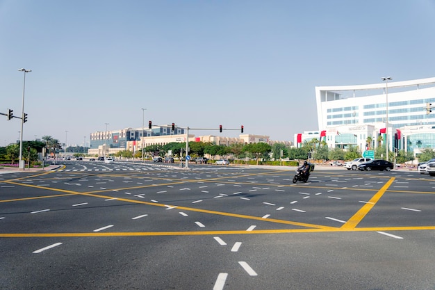 A city intersection with many lanes for traffic