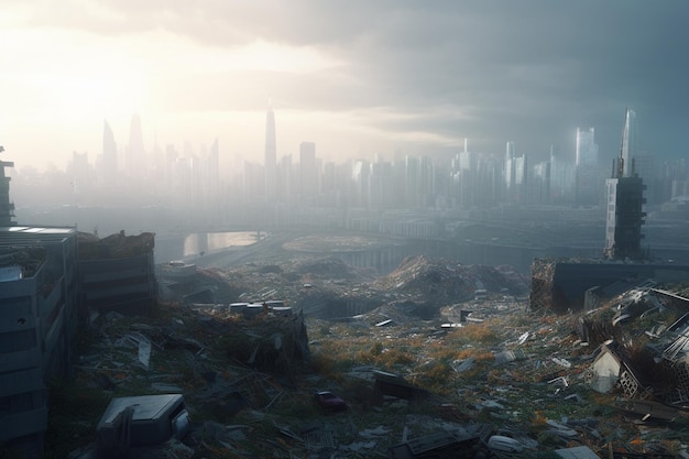 A city is in the background of a ruined city.