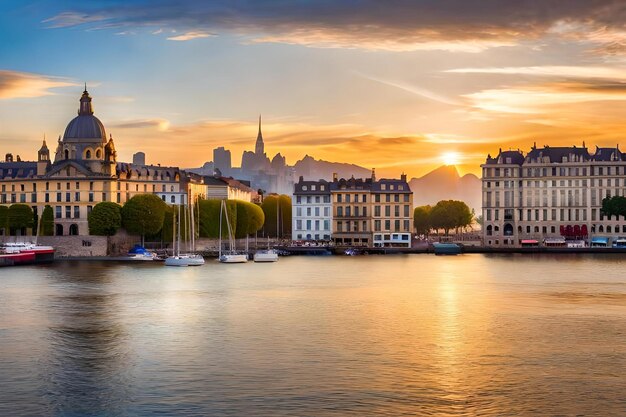 A city is a beautiful city with many buildings and boats