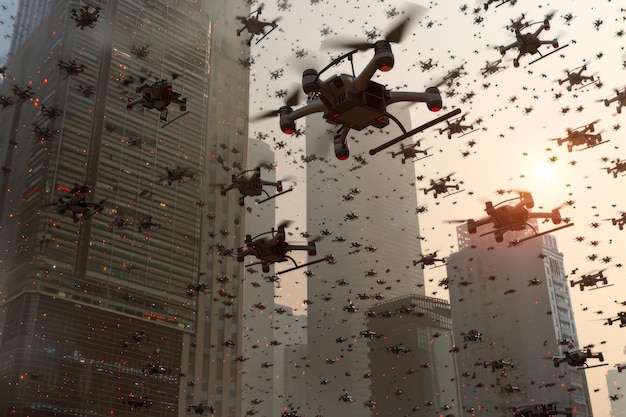 A city is being attacked by a swarm of drones