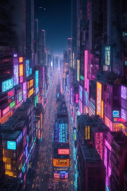 A city is a busy street with colorful lights.