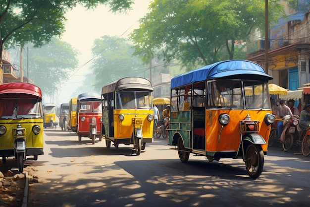 город — оживленная улица с множеством автобусов.