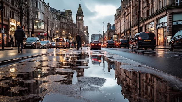 a city is a busy street with a water puddle on the ground.