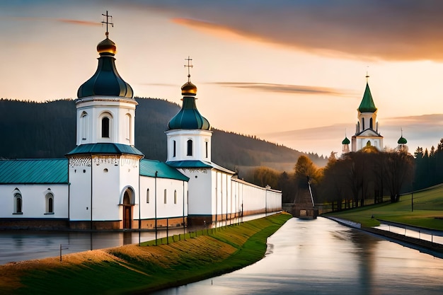 a city is a church with a river and a bridge in the background.