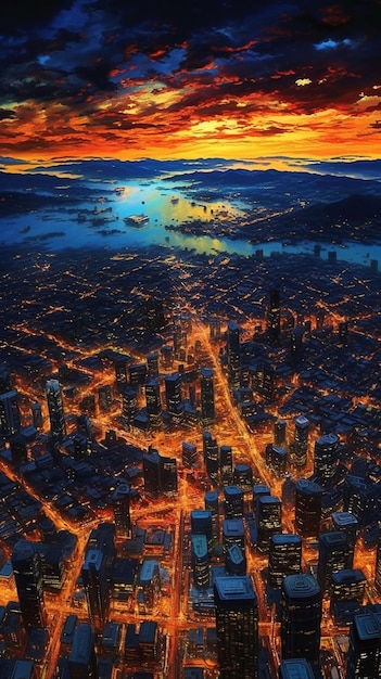 A city is lit up at night with the san francisco skyline in the background.