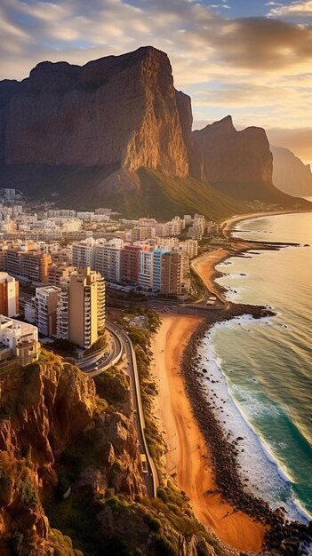 Photo a city is located on a cliff overlooking a beach and a city